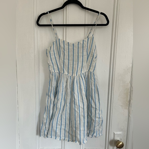Aerie Love Of Linen Blend Mini Stripe White Blue Dress - Picture 3 of 6